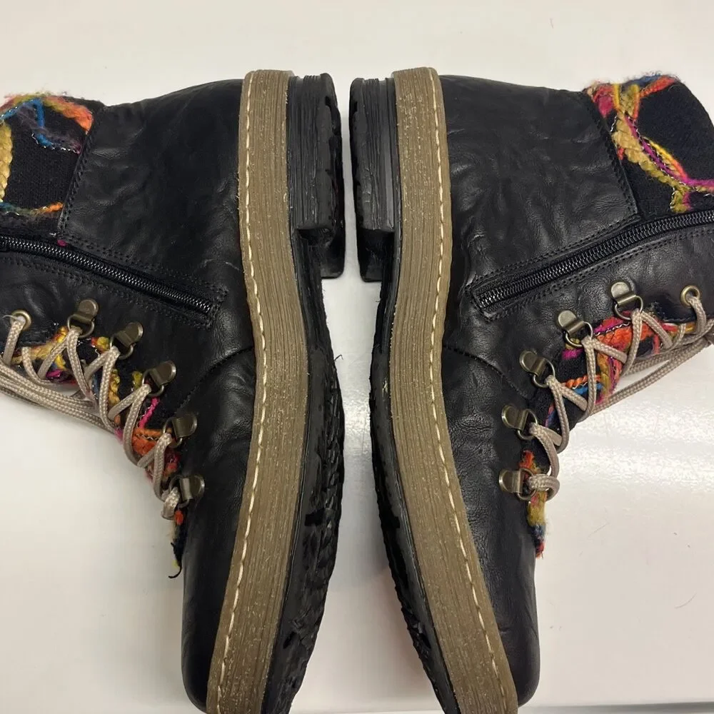 Rieker Felicitas Black Leather Ankle Boots Women 41/9 Sherpa Lined Lace-up